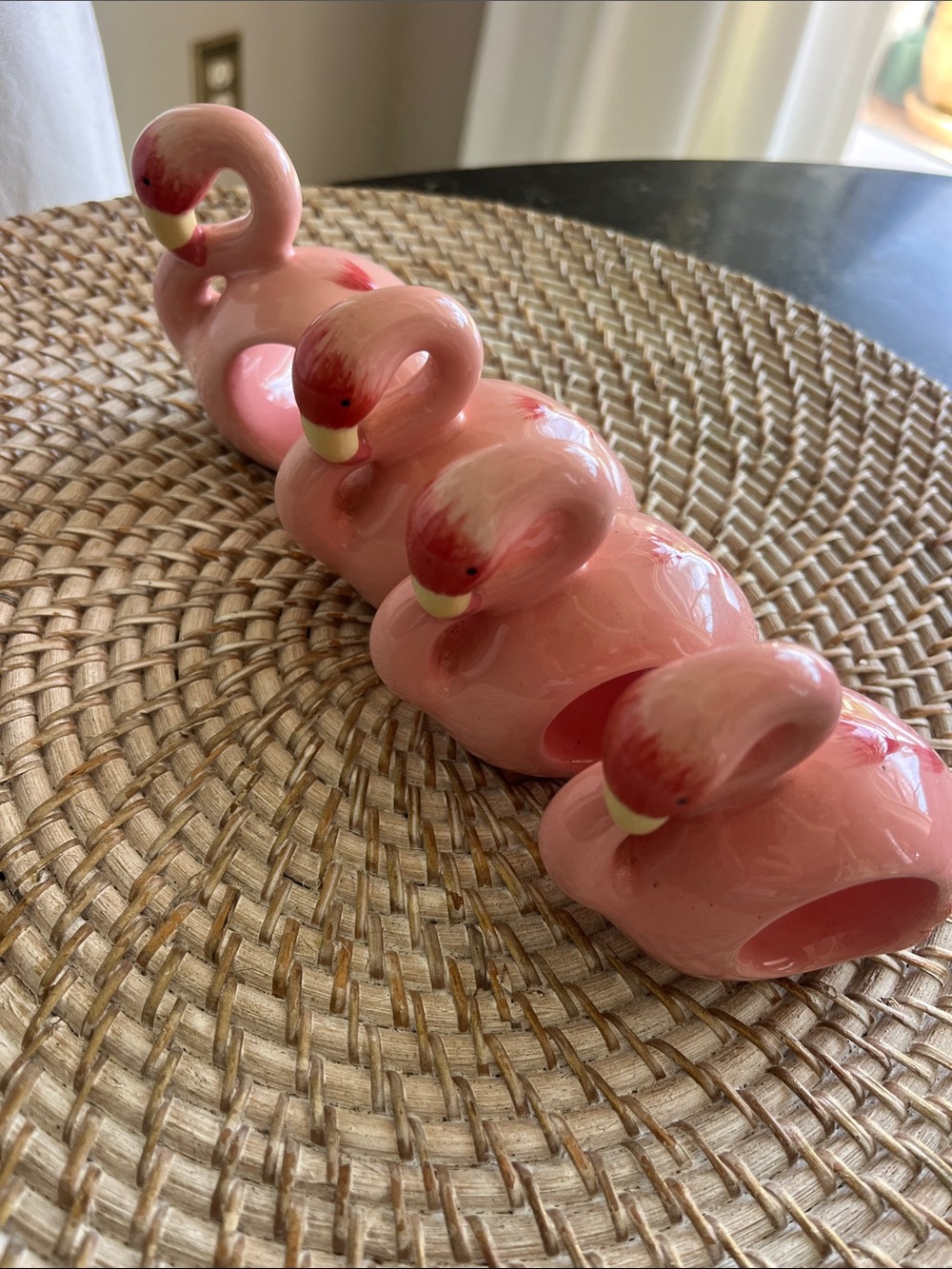 Set of 4 Home ceramic pink flamingo napkin rings 3" x 3.5". EUC